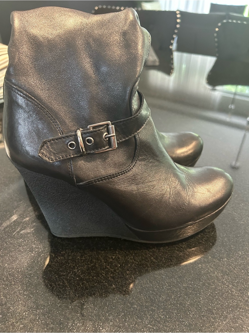 Wedge Ankle Boots in Black with Buckle Strap